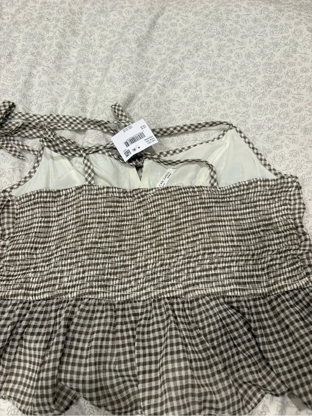 American Eagle Outfitters Brown and White Gingham Tie-Shoulder Crop Top - Picture 3 of 4